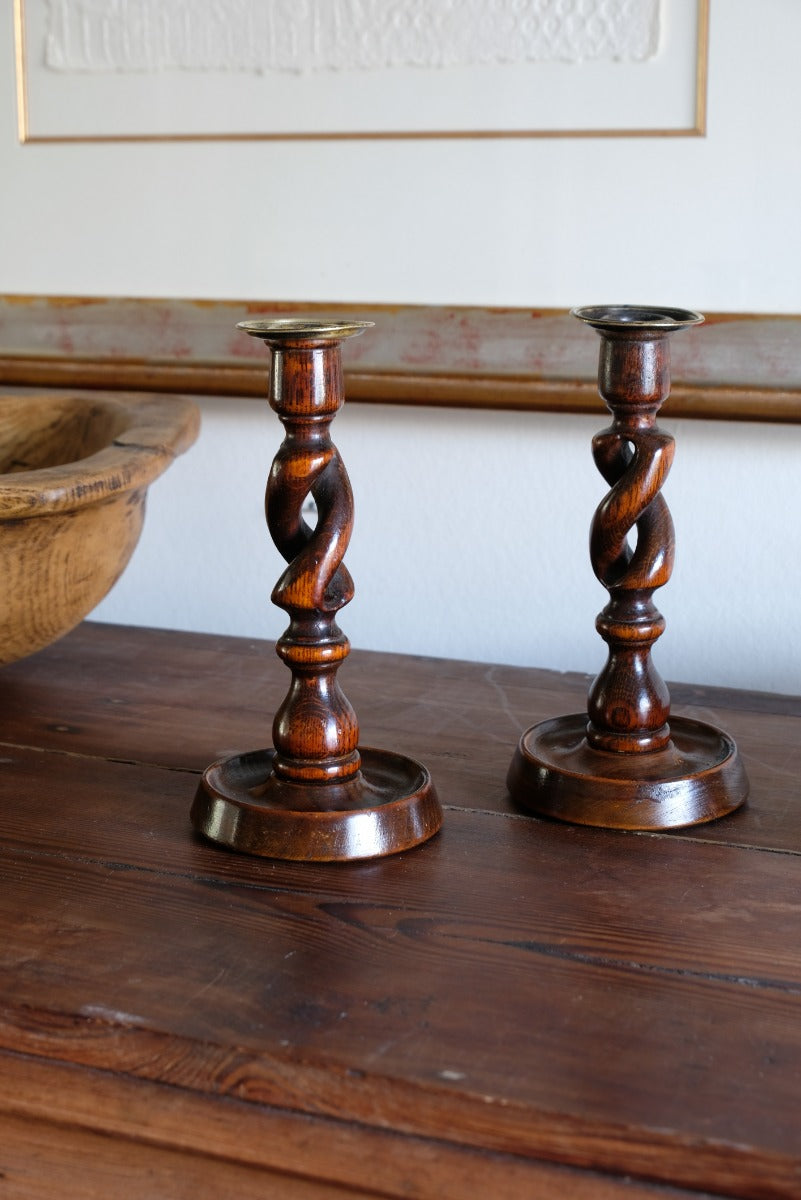 Pair 19th Century Oak Barley Twist Candle Sticks