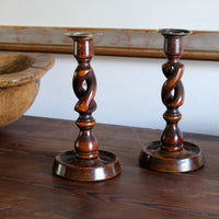 Pair 19th Century Oak Barley Twist Candle Sticks