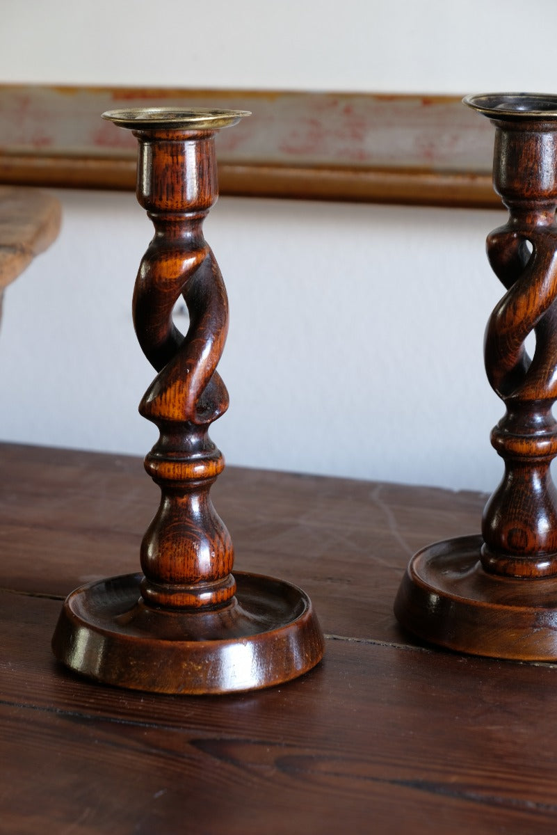 Pair 19th Century Oak Barley Twist Candle Sticks