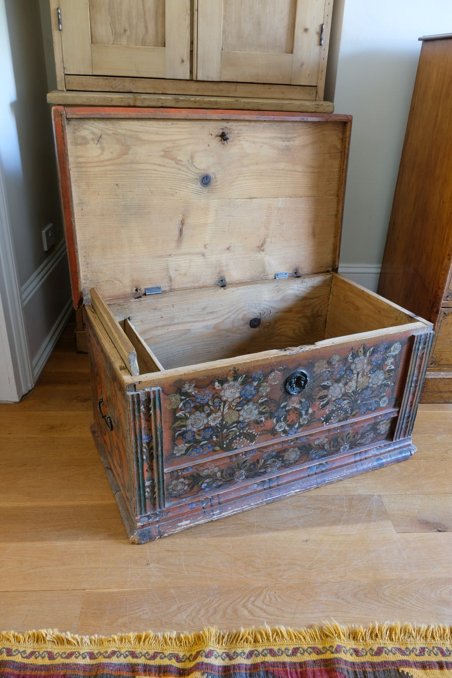 Hand painted ffolk Art coffer chest with a floral design
