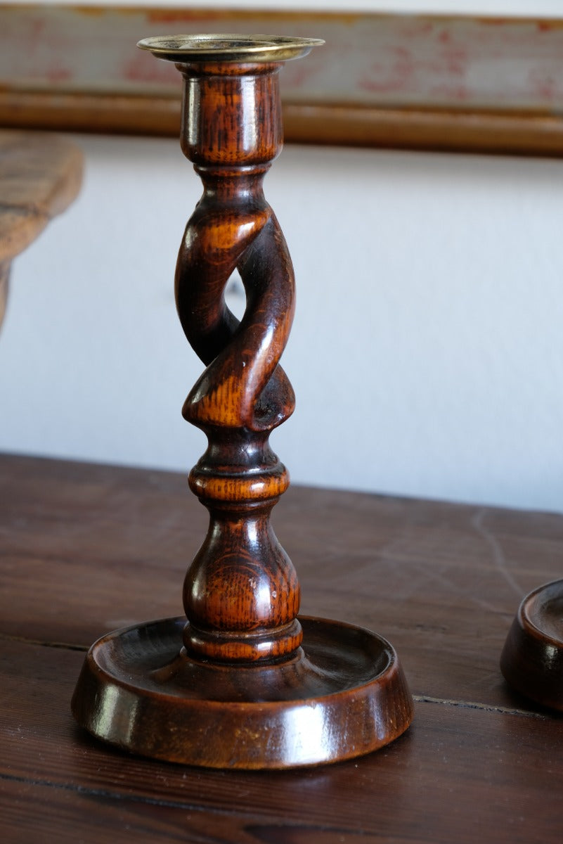 Pair 19th Century Oak Barley Twist Candle Sticks