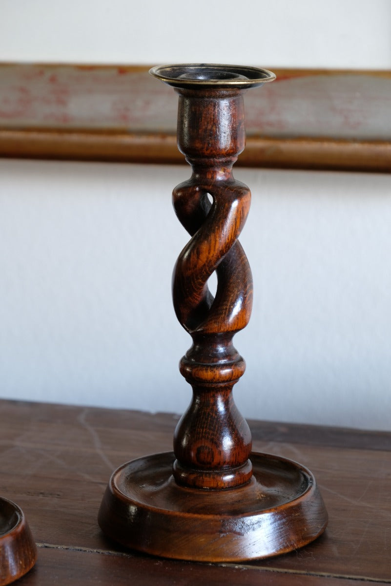 Pair 19th Century Oak Barley Twist Candle Sticks