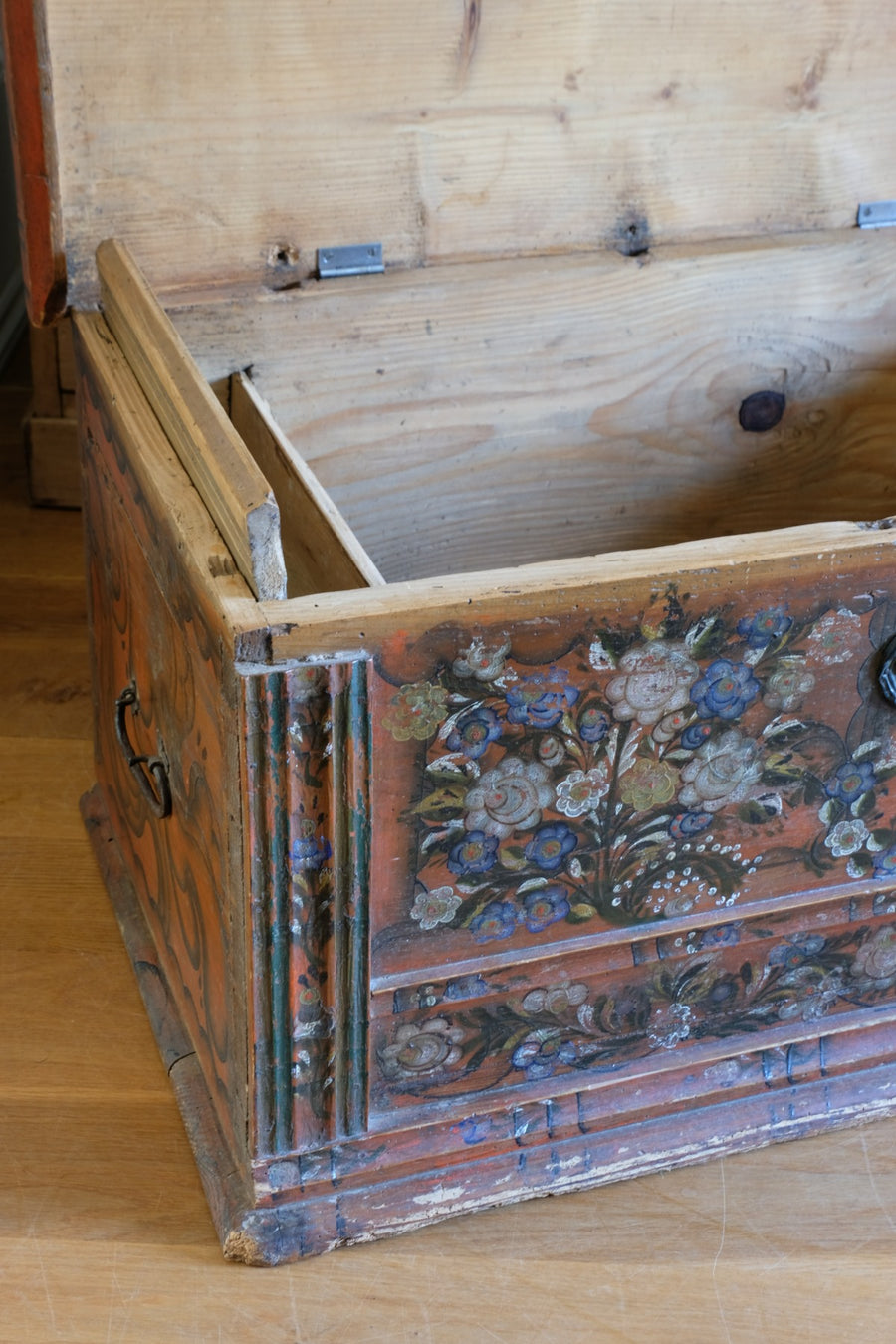 Hand painted ffolk Art coffer chest with a floral design