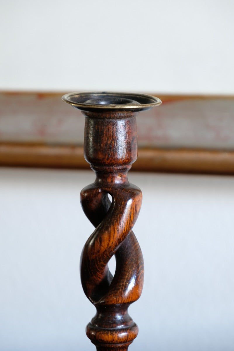 Pair 19th Century Oak Barley Twist Candle Sticks