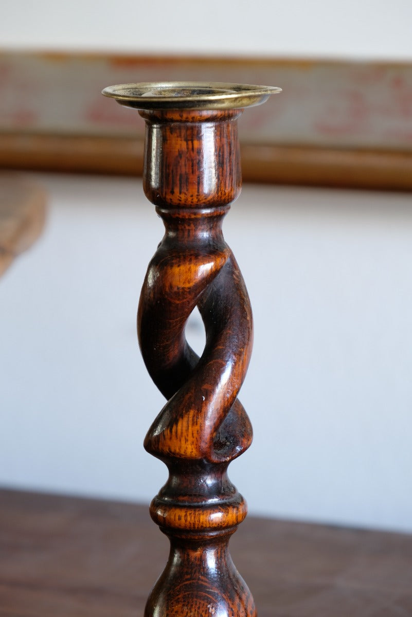 Pair 19th Century Oak Barley Twist Candle Sticks