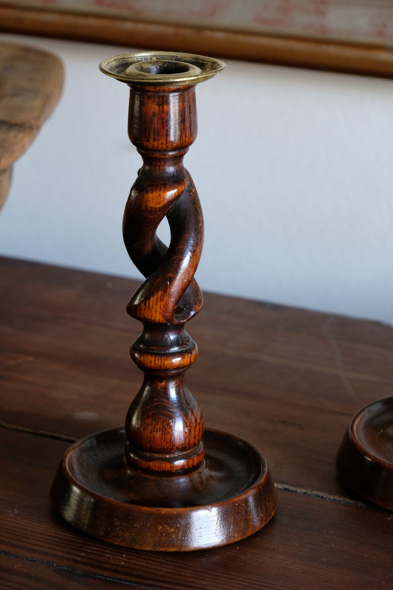 Pair 19th Century Oak Barley Twist Candle Sticks