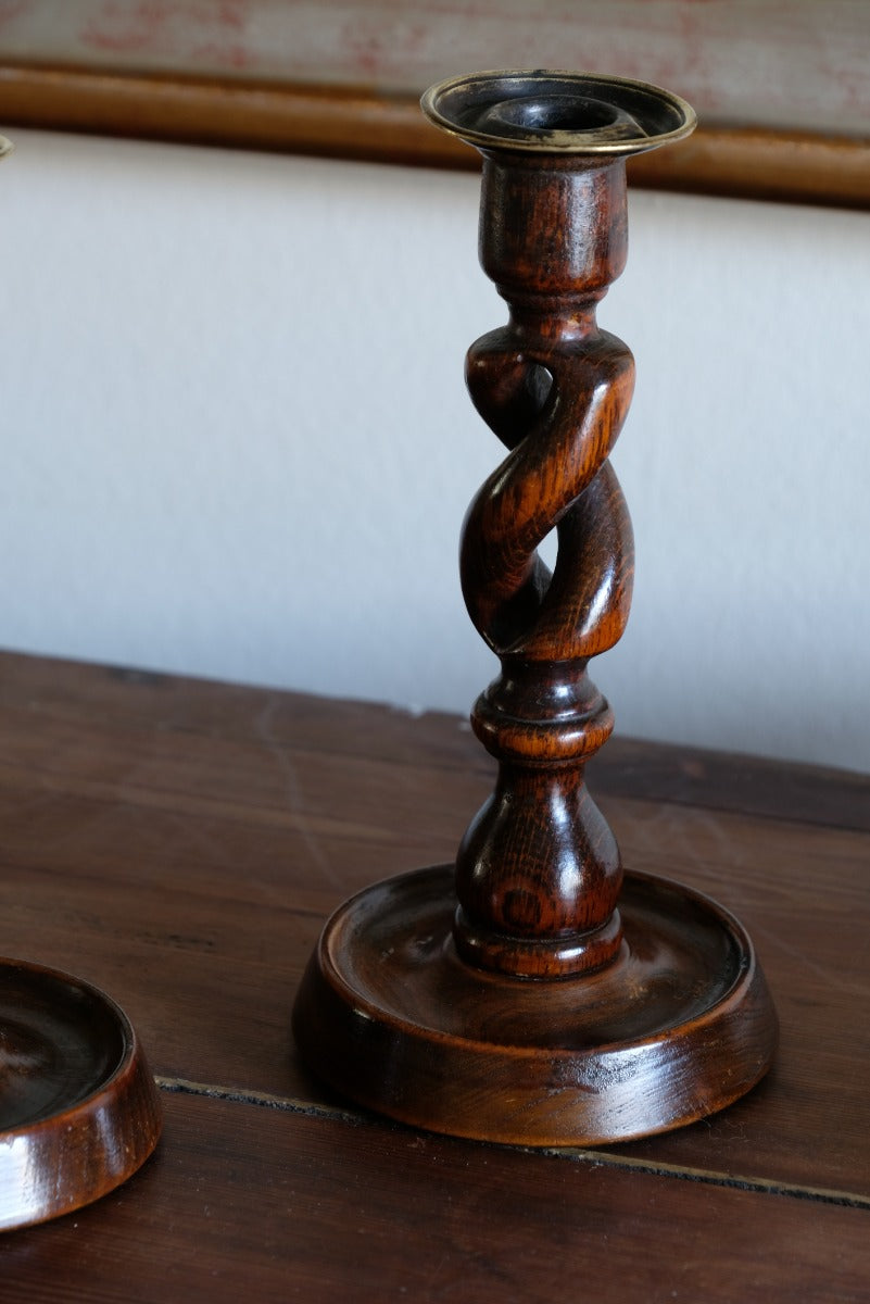 Pair 19th Century Oak Barley Twist Candle Sticks