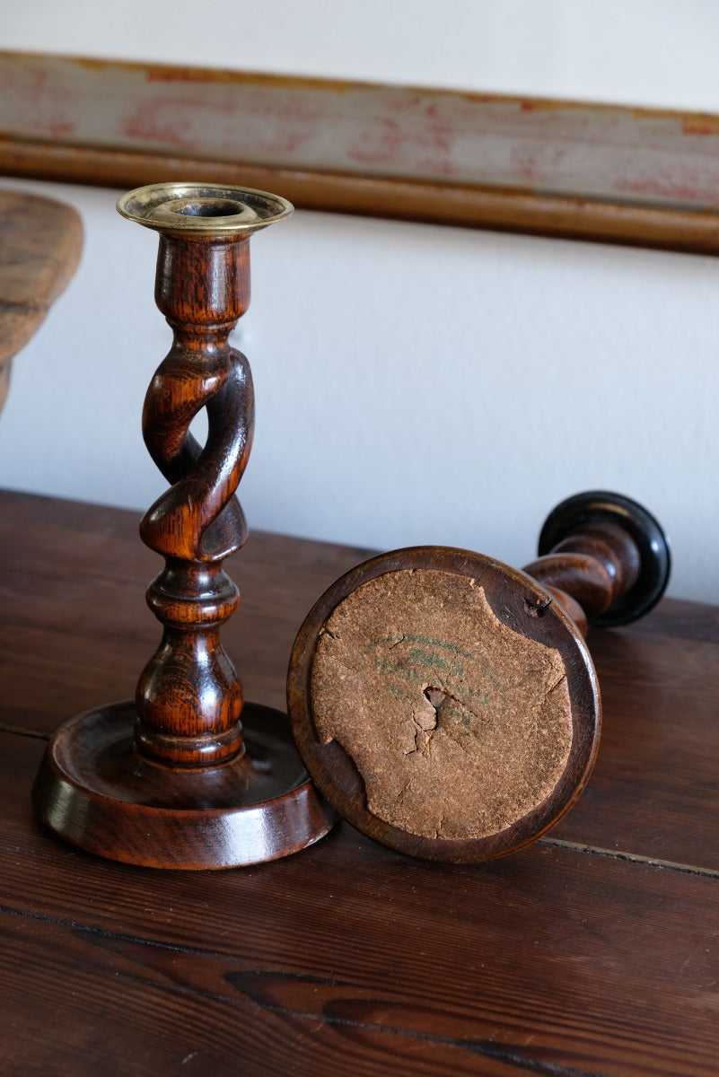 Pair 19th Century Oak Barley Twist Candle Sticks