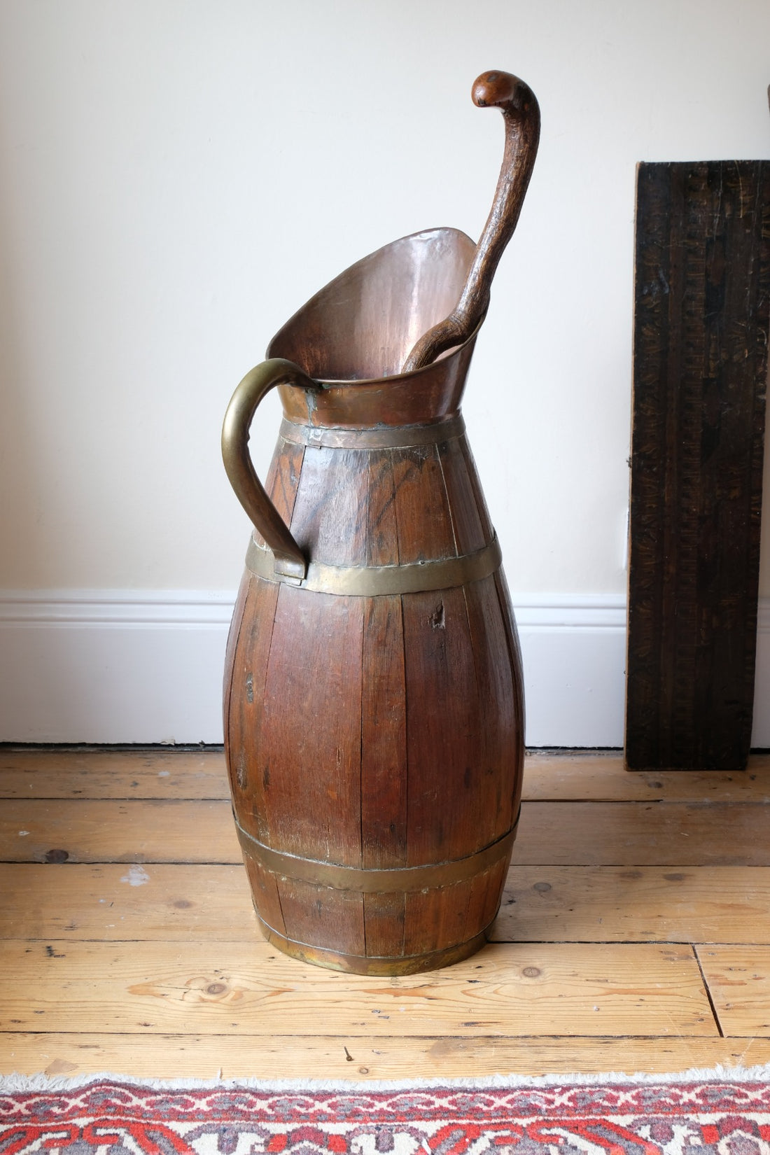 19th Century Large Oak & Brass Cider Jug Stick Stand