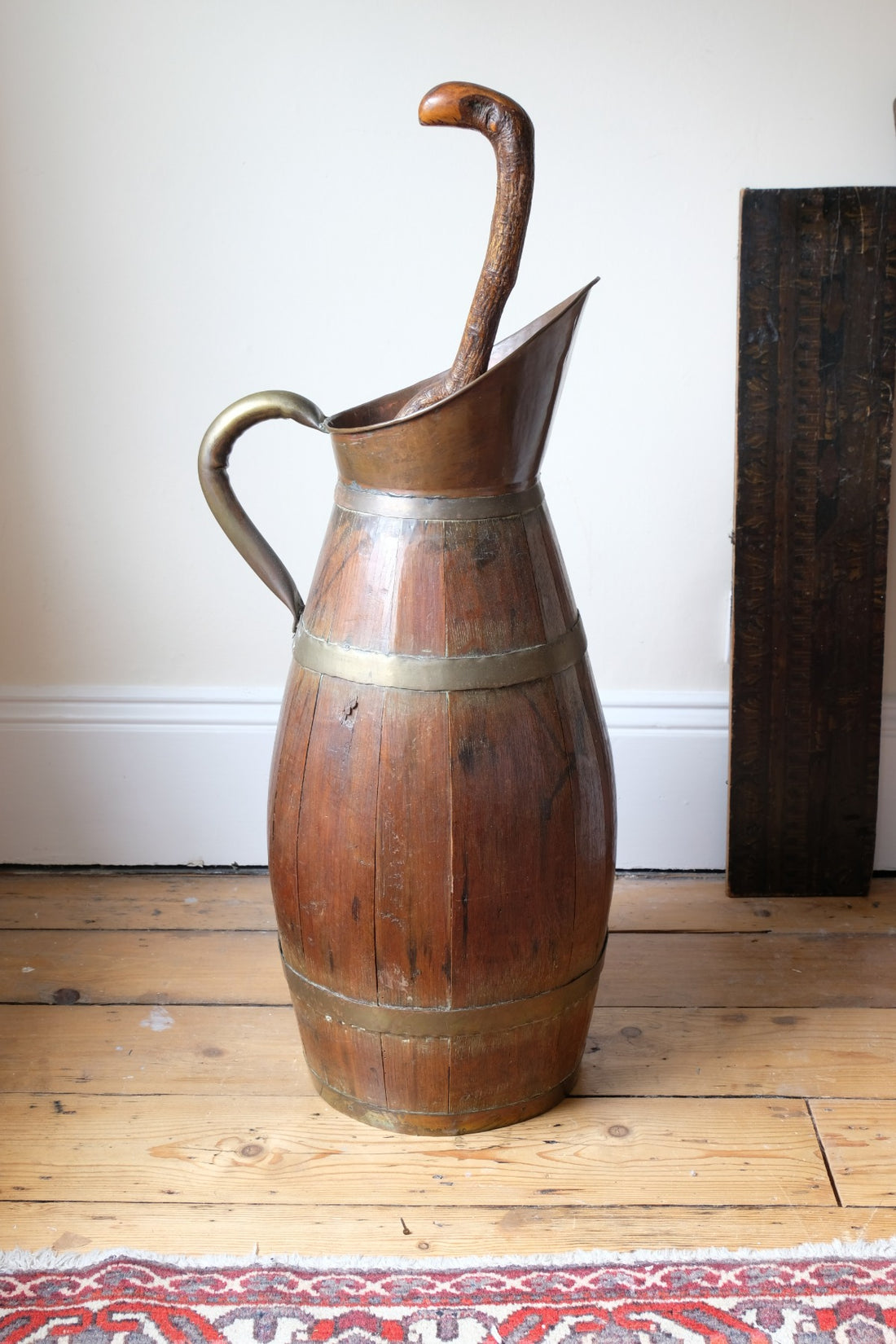 19th Century Large Oak & Brass Cider Jug Stick Stand