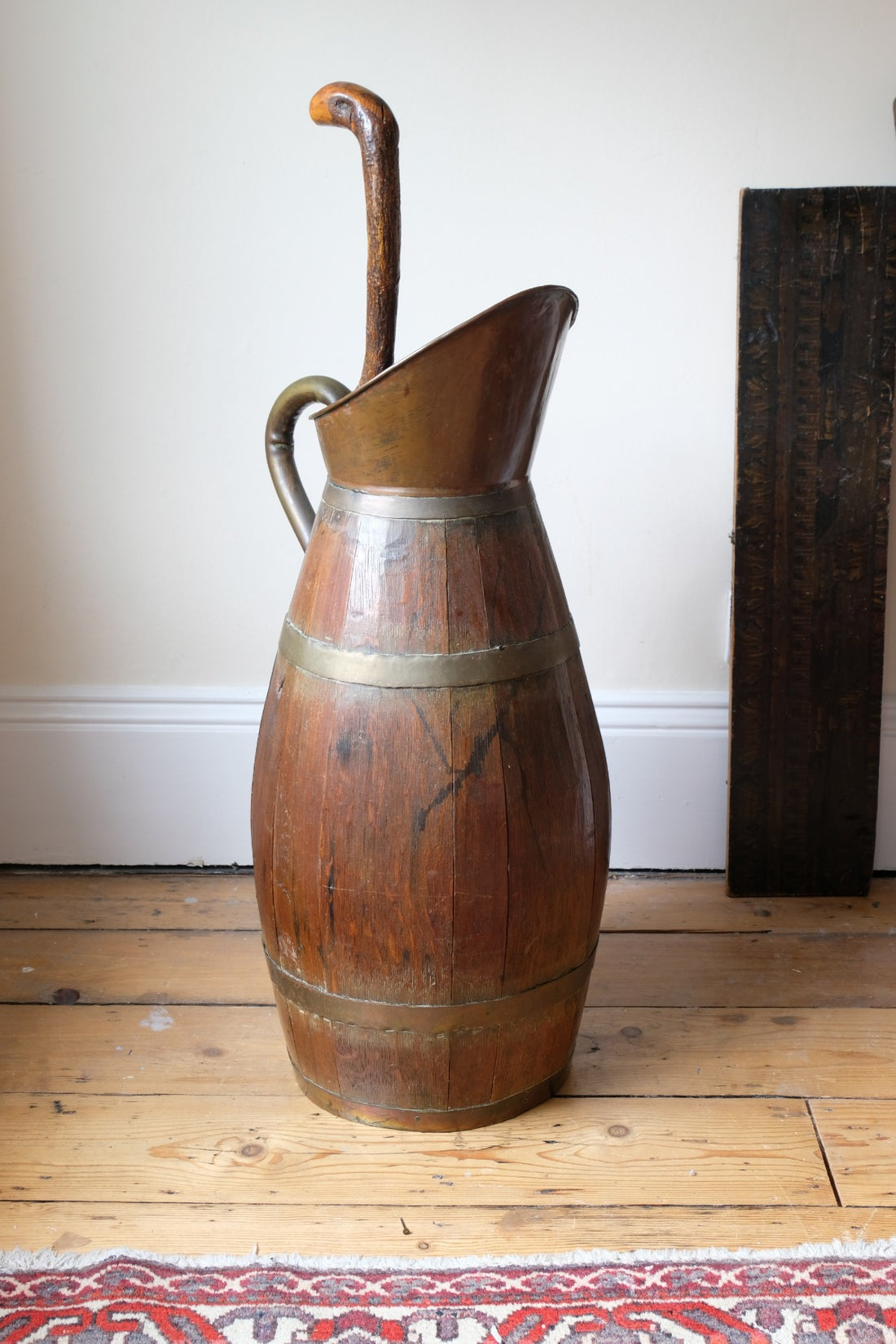 19th Century Large Oak & Brass Cider Jug Stick Stand