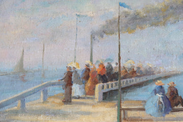 Waiting On The Jetty For A Steam Boat Oil On Canvas Painting