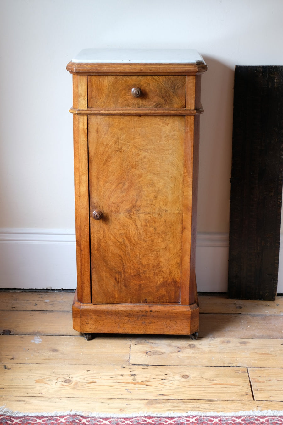 Antique Burr Walnut Bedside Cupboard With Carrara  Marble Top