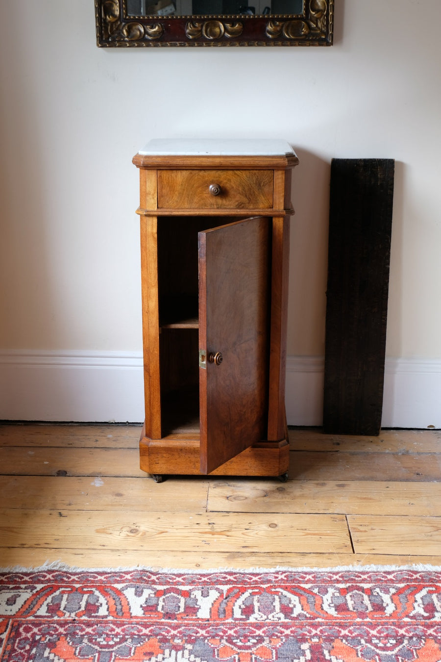 Antique Burr Walnut Bedside Cupboard With Carrara  Marble Top