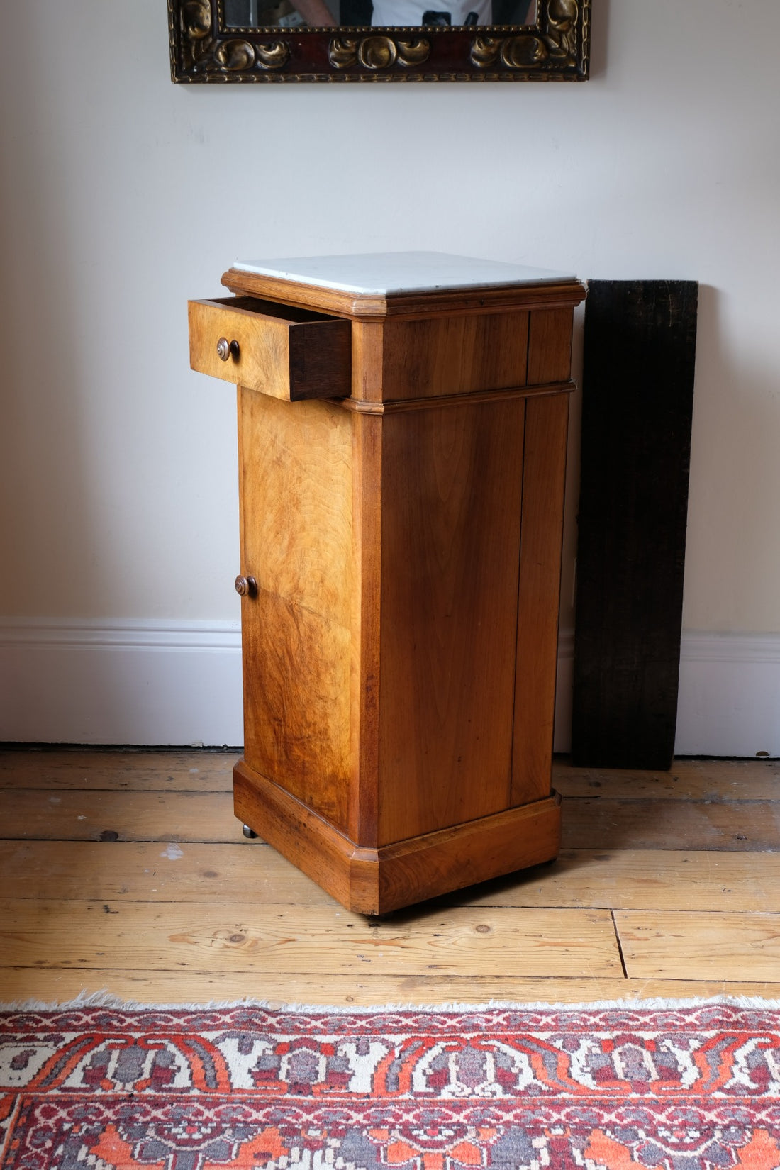 Antique Burr Walnut Bedside Cupboard With Carrara  Marble Top