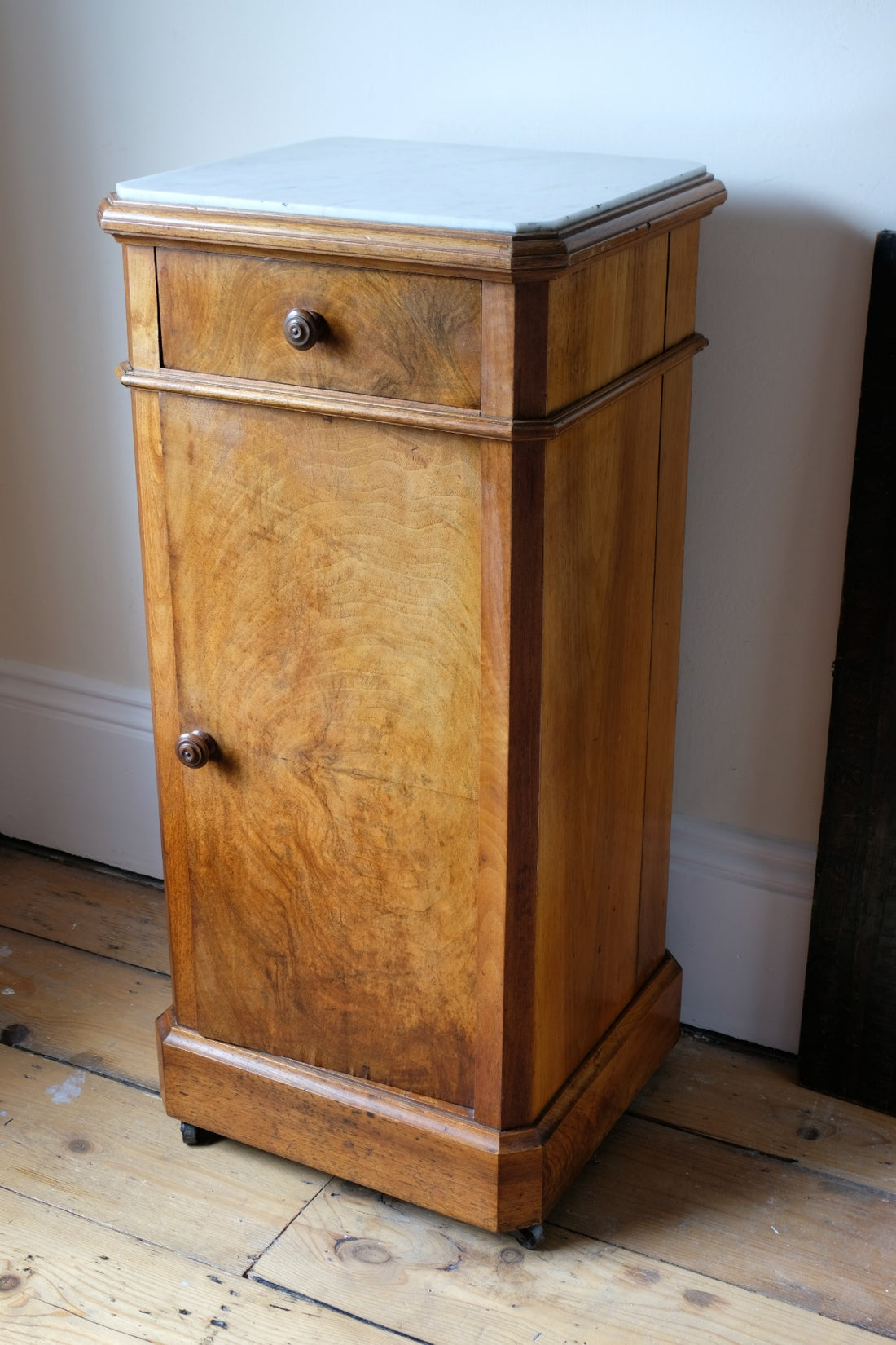 Antique Burr Walnut Bedside Cupboard With Carrara  Marble Top