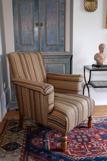 Antique Oak Legged Afghan Kelim Covered Chair