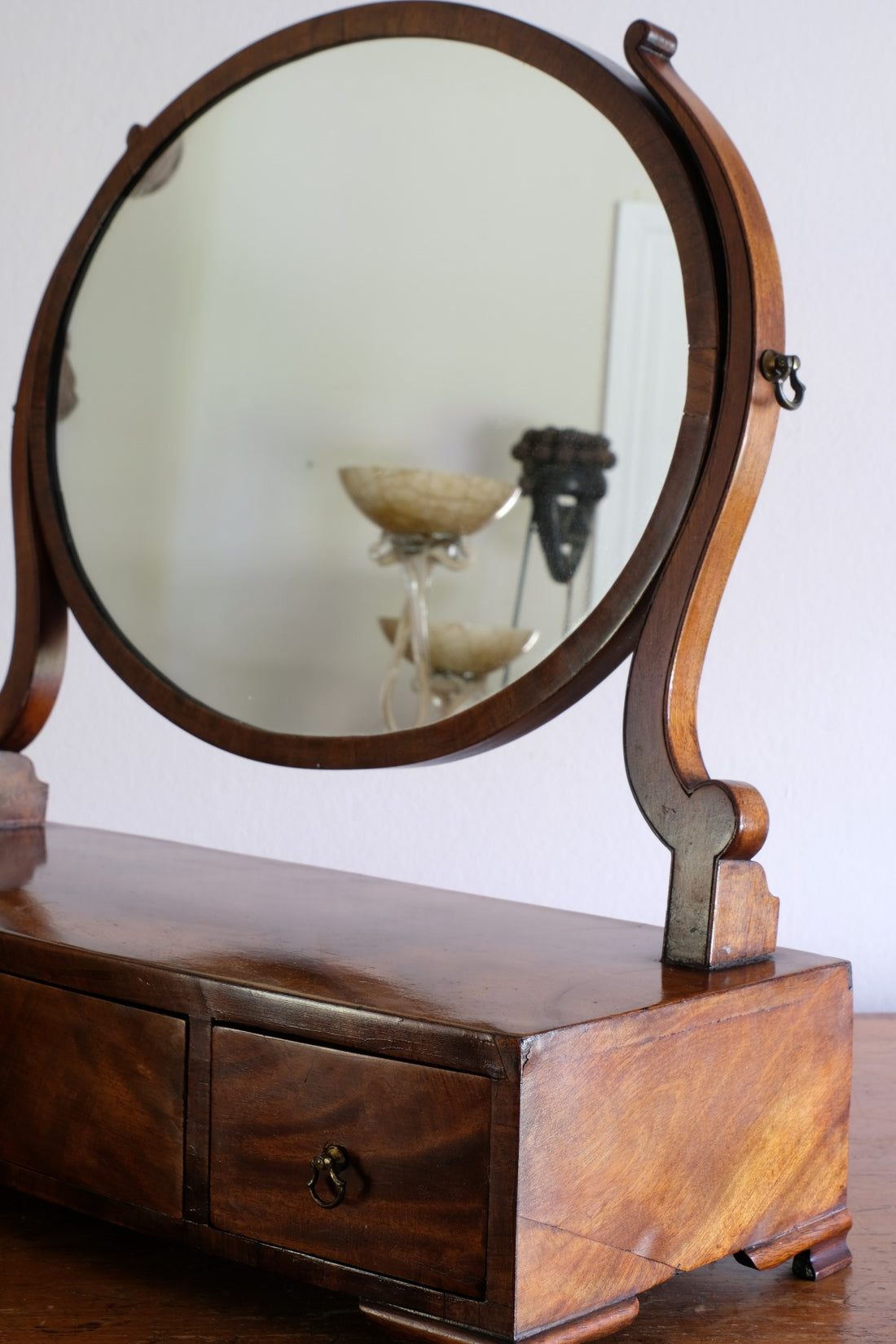 Flamed Mahogany Table Top Oval Mirror With Three Bow Fronted Drawers