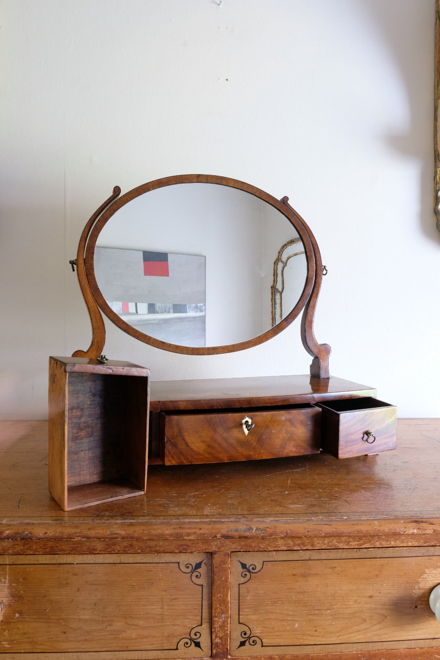Flamed Mahogany Table Top Oval Mirror With Three Bow Fronted Drawers