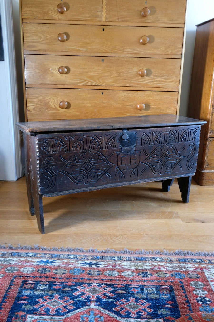 Carved Oak Coffer from the Charles II Era (c.1640–1660), ‘E.H.’ Initials