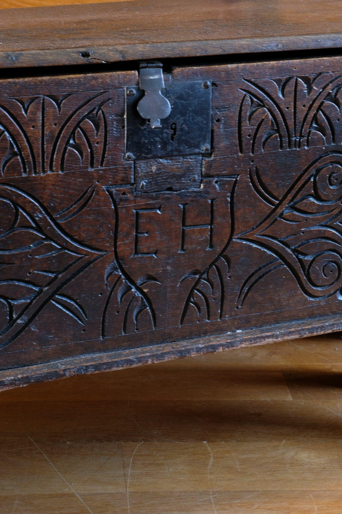 Carved Oak Coffer from the Charles II Era (c.1640–1660), ‘E.H.’ Initials
