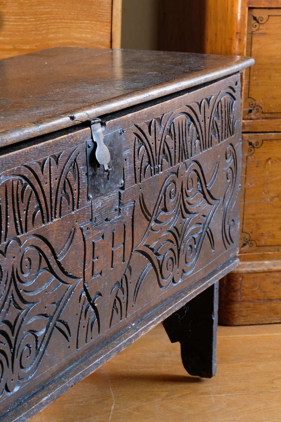 Carved Oak Coffer from the Charles II Era (c.1640–1660), ‘E.H.’ Initials
