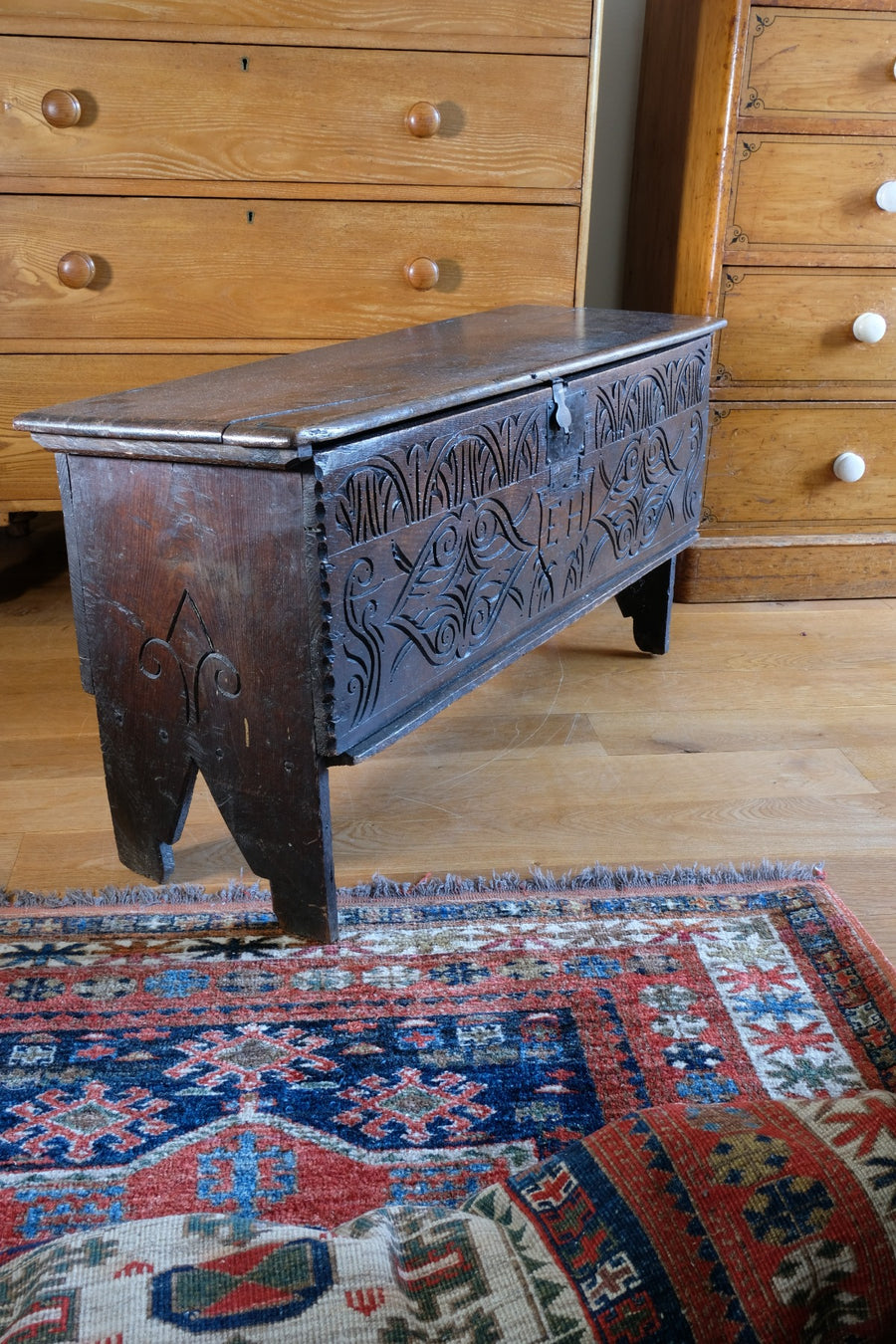 Carved Oak Coffer from the Charles II Era (c.1640–1660), ‘E.H.’ Initials
