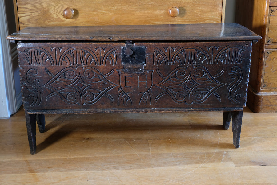 Carved Oak Coffer from the Charles II Era (c.1640–1660), ‘E.H.’ Initials