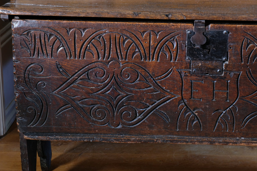 Carved Oak Coffer from the Charles II Era (c.1640–1660), ‘E.H.’ Initials