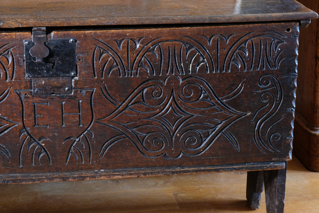 Carved Oak Coffer from the Charles II Era (c.1640–1660), ‘E.H.’ Initials
