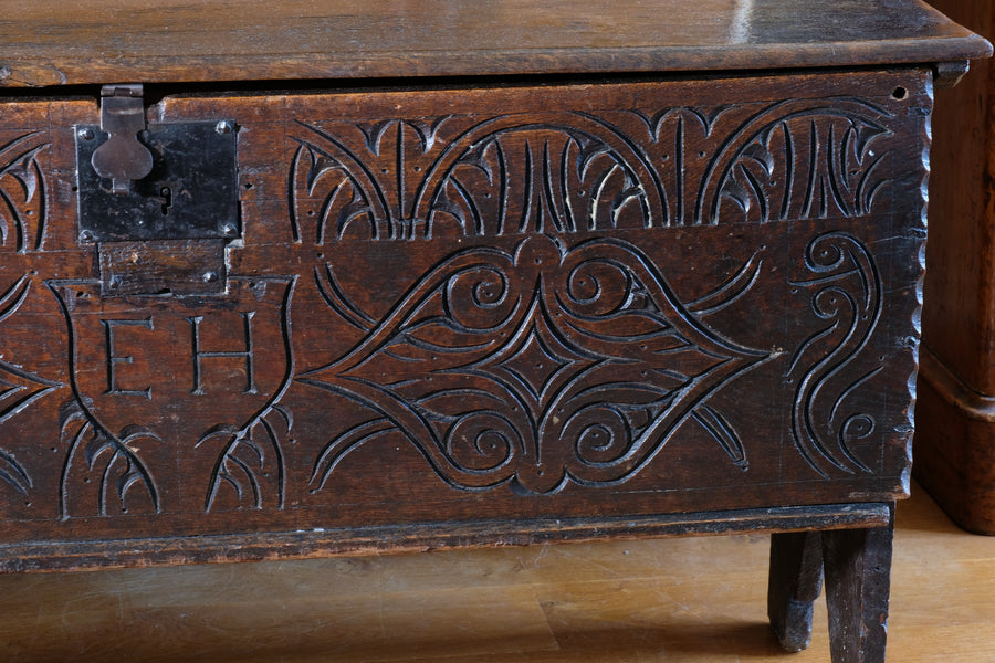 Carved Oak Coffer from the Charles II Era (c.1640–1660), ‘E.H.’ Initials