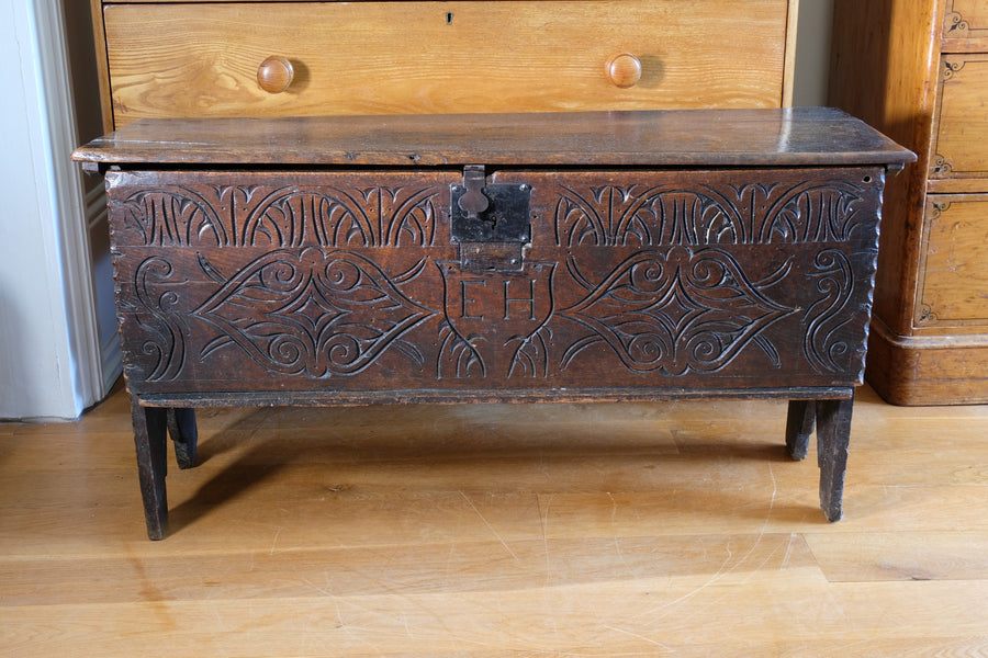 Carved Oak Coffer from the Charles II Era (c.1640–1660), ‘E.H.’ Initials