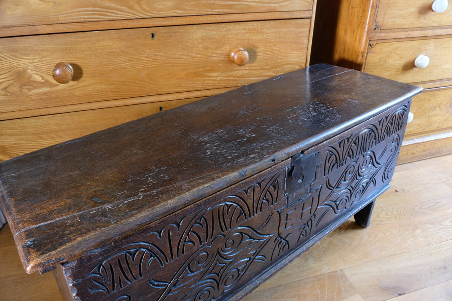Carved Oak Coffer from the Charles II Era (c.1640–1660), ‘E.H.’ Initials