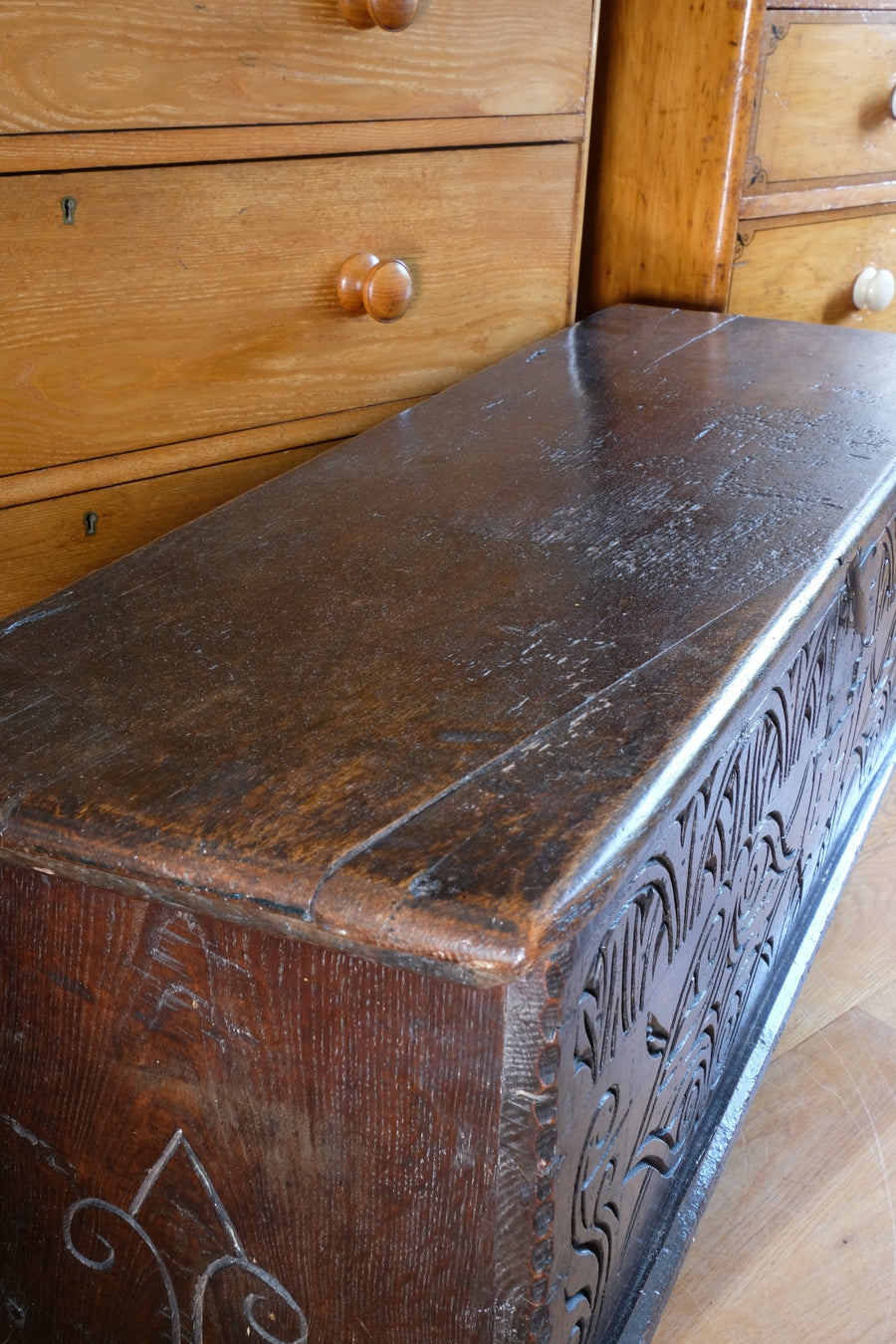 Carved Oak Coffer from the Charles II Era (c.1640–1660), ‘E.H.’ Initials