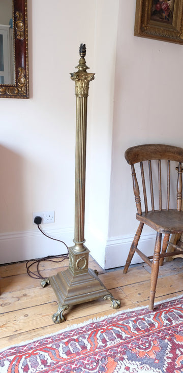 Antique Brass Standard Lamp with Laurel Wreath and Claw Feet 19th Century