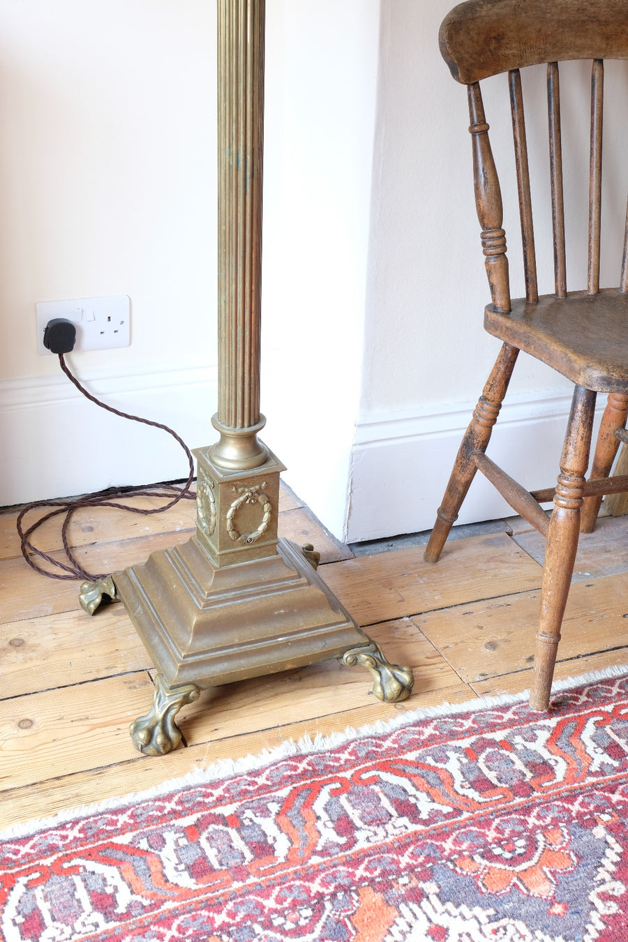 Antique Brass Standard Lamp with Laurel Wreath and Claw Feet 19th Century