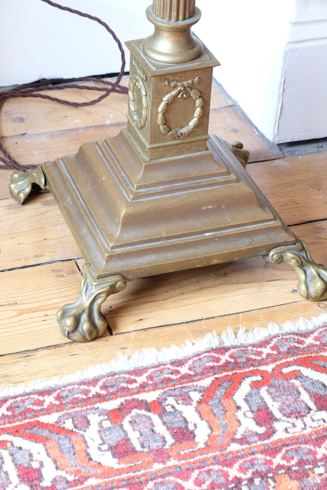 Antique Brass Standard Lamp with Laurel Wreath and Claw Feet 19th Century