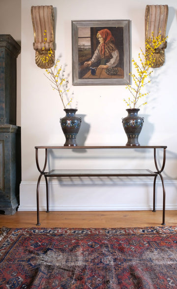 Retro Console Table Metal & Glass With A Patinated Copper Finish