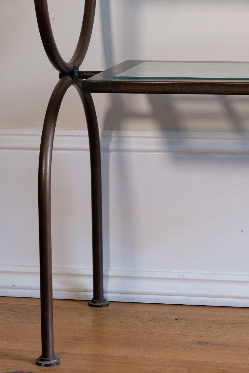Retro Console Table Metal & Glass With A Patinated Copper Finish