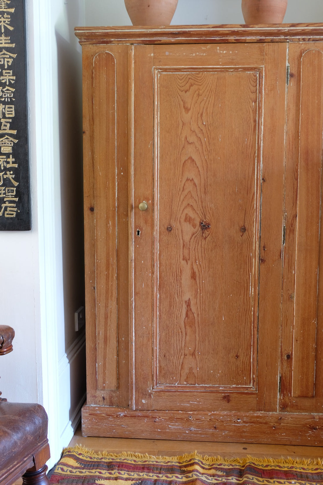 Rare James Shoolbred & Co pine linen storage cupboard (linen press) dates from. 1870–1900, made in Tottenham Court Road, London.