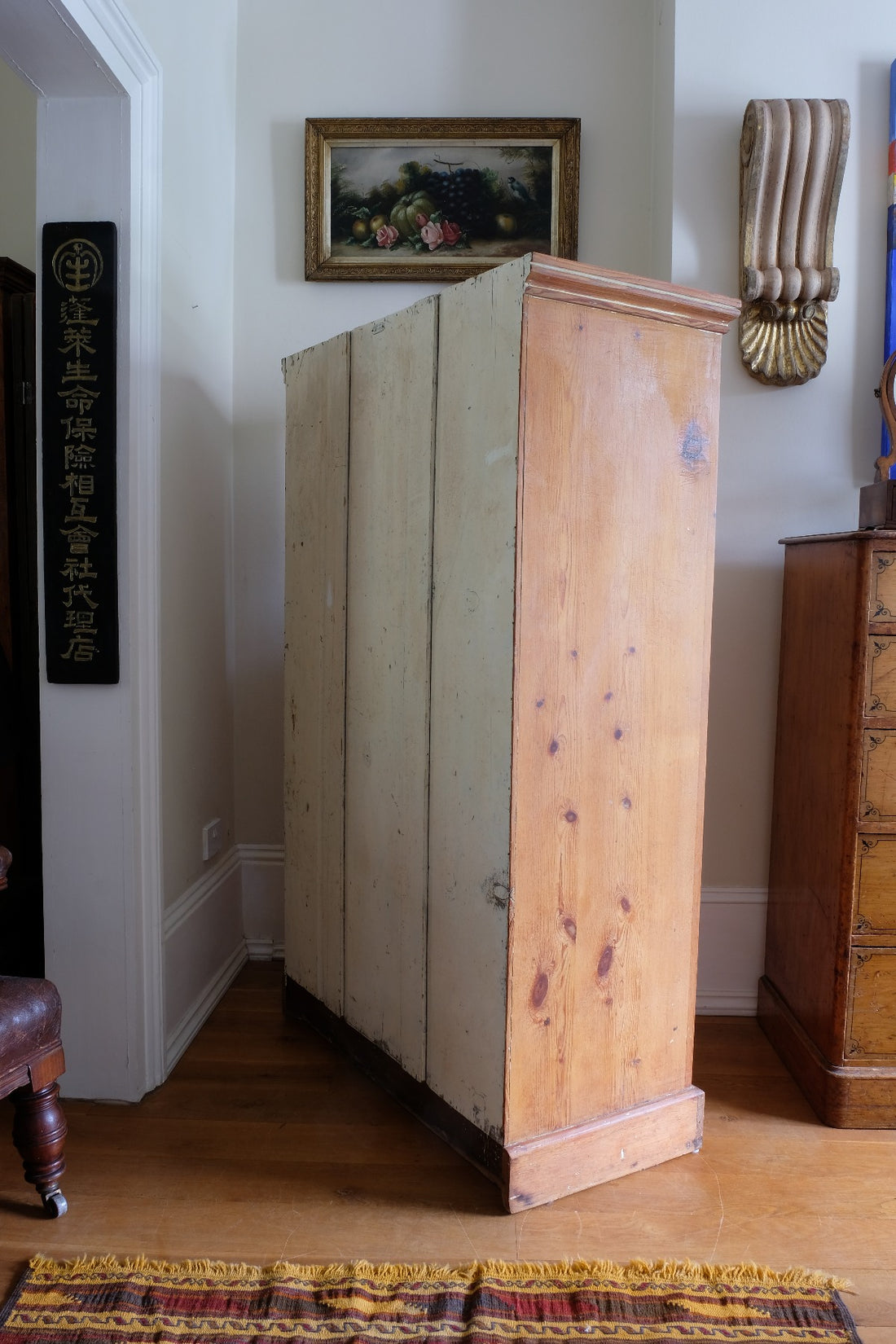 Rare James Shoolbred & Co pine linen storage cupboard (linen press) dates from. 1870–1900, made in Tottenham Court Road, London.