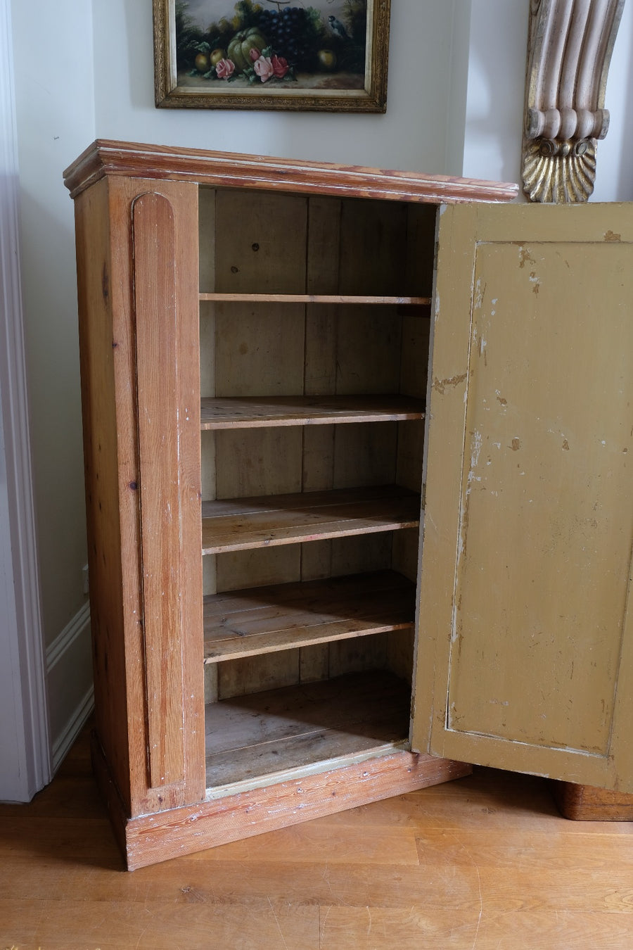 Rare James Shoolbred & Co pine linen storage cupboard (linen press) dates from. 1870–1900, made in Tottenham Court Road, London.
