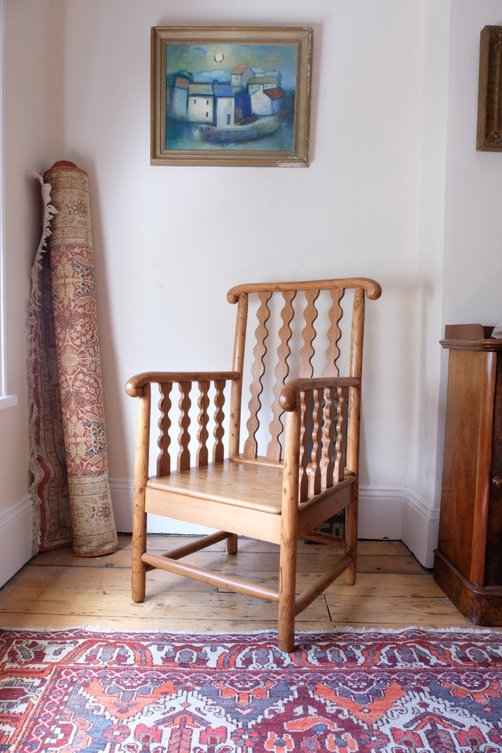 Late 19th Century Arts and Crafts pitch pine bobbin armchair
