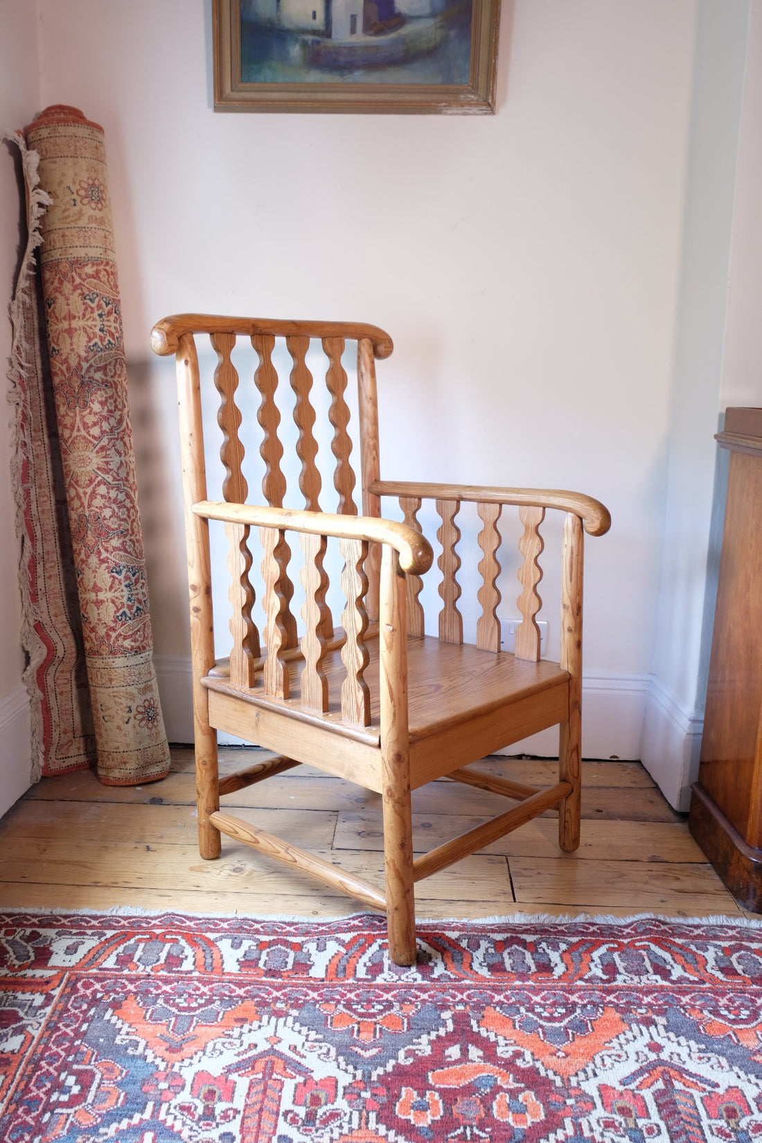 Late 19th Century Arts and Crafts pitch pine bobbin armchair
