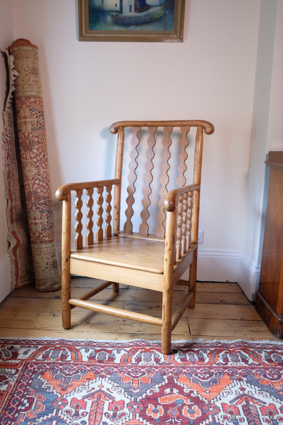 Late 19th Century Arts and Crafts pitch pine bobbin armchair