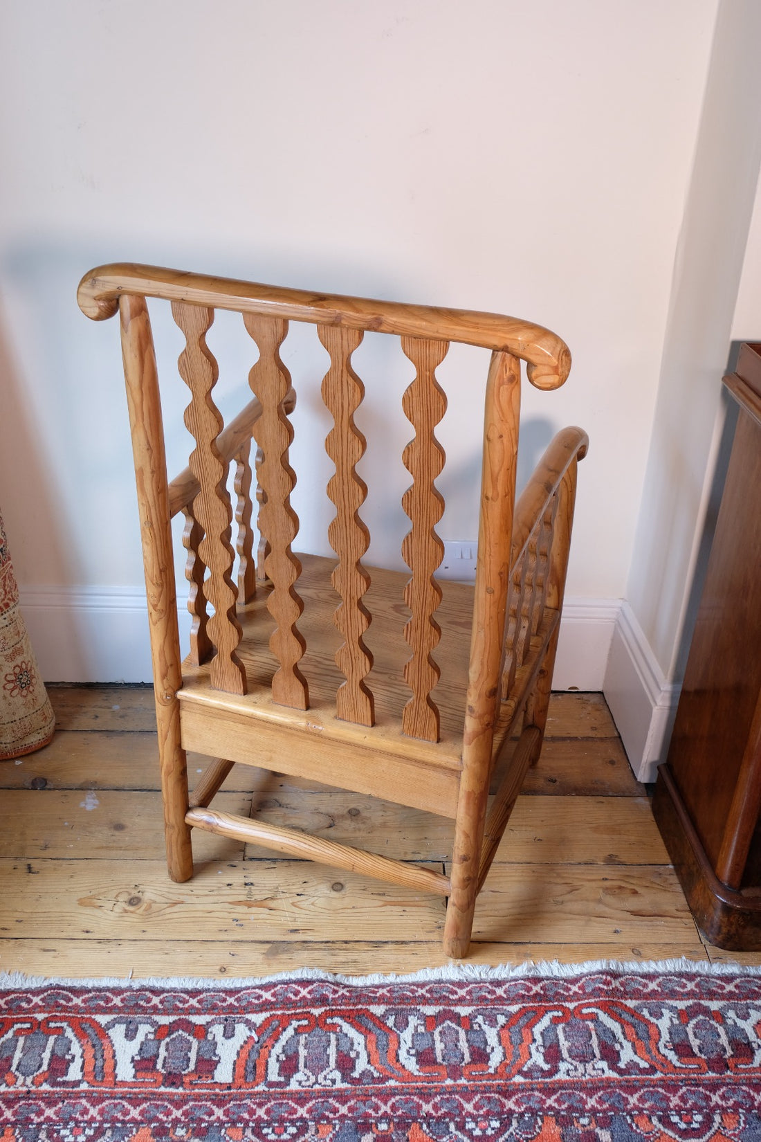 Late 19th Century Arts and Crafts pitch pine bobbin armchair