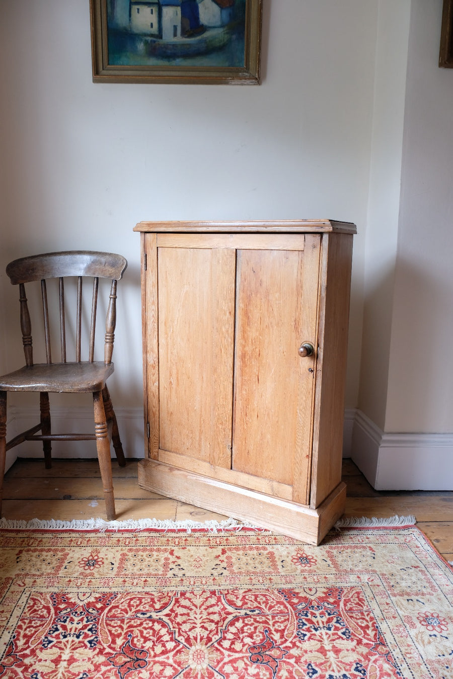 Victorian shallow pine storage cupboard front view