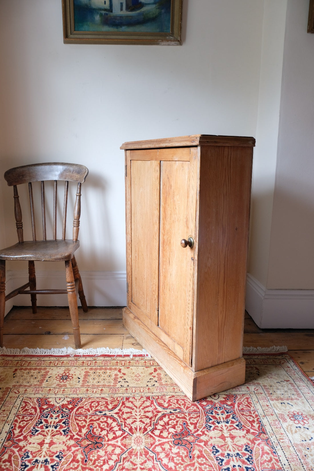 Victorian shallow pine storage cupboard front view
