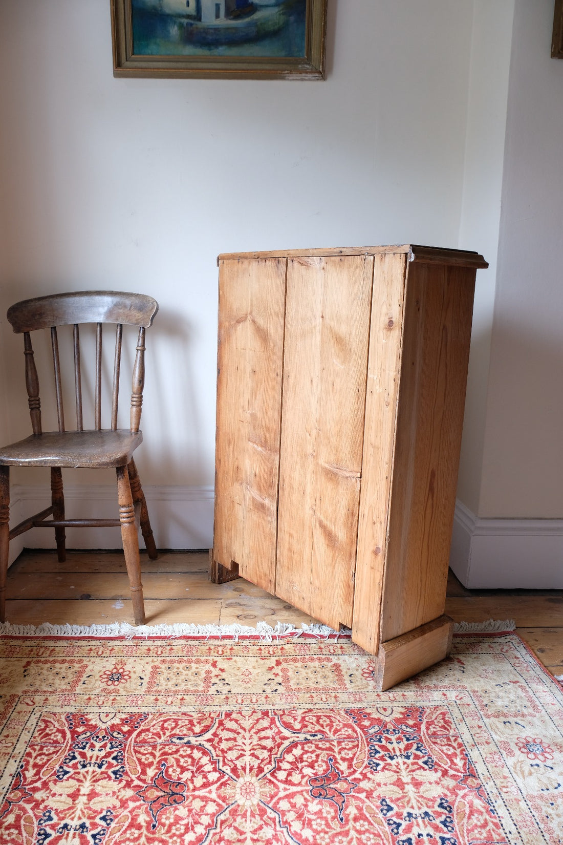 Victorian shallow pine storage cupboard back view