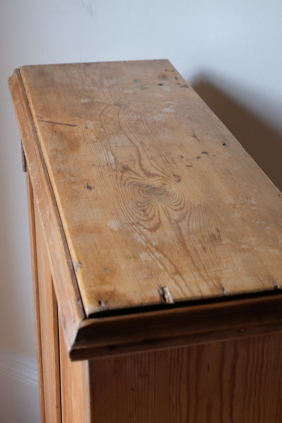 Victorian shallow pine storage cupboard top view